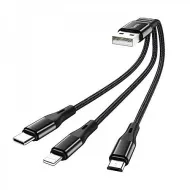 USB-кабель 3-в-1 HOCO X47 AM-8pin (Lightning)/microBM/Type-C  0,25 метра, 2.4А, нейлон, черный (31/3
