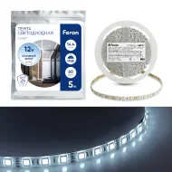 Лента светодиодная, 60SMD(5050)/m 14.4W/m 12V IP65 5m 6500К, LS607 FERON
