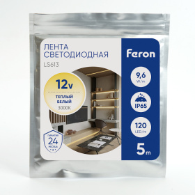 Лента светодиодная, 120SMD(2835)/m 9.6W/m 12V 5m 3000К, LS613 FERON