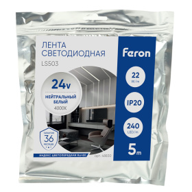 Лента светодиодная, 240SMD(2835)/5м 22Вт/м 24V 5000*10*1.22мм 4000К, IP20, LS503 FERON