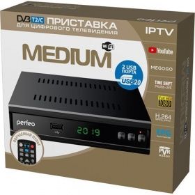 Perfeo DVB-T2/C приставка "MEDIUM" для цифр.TV, Wi-Fi, IPTV, HDMI, 2 USB, DolbyDigital, обуч.пультДУ