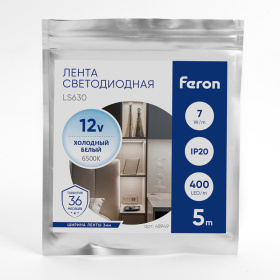 Лента светодиодная 400SMD(2110)/ 7Вт/м 12V 5м*3*1.8мм 6500K, IP20, LS630 FERON