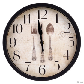 Часы настенные 25 см черные, фон стол приборы / 381-36