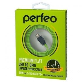 Perfeo Плоский кабель для iPhone 5/6 USB-8 PIN дл.1м зеленый 4402
