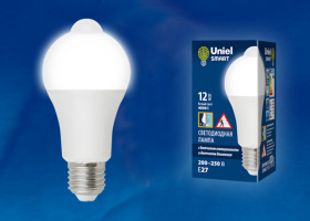  Лампа LED с датчиком освещенности и датчиком движения. Uniel LED-A60-12W/4000K/E27/PS+MS PLS10WH 